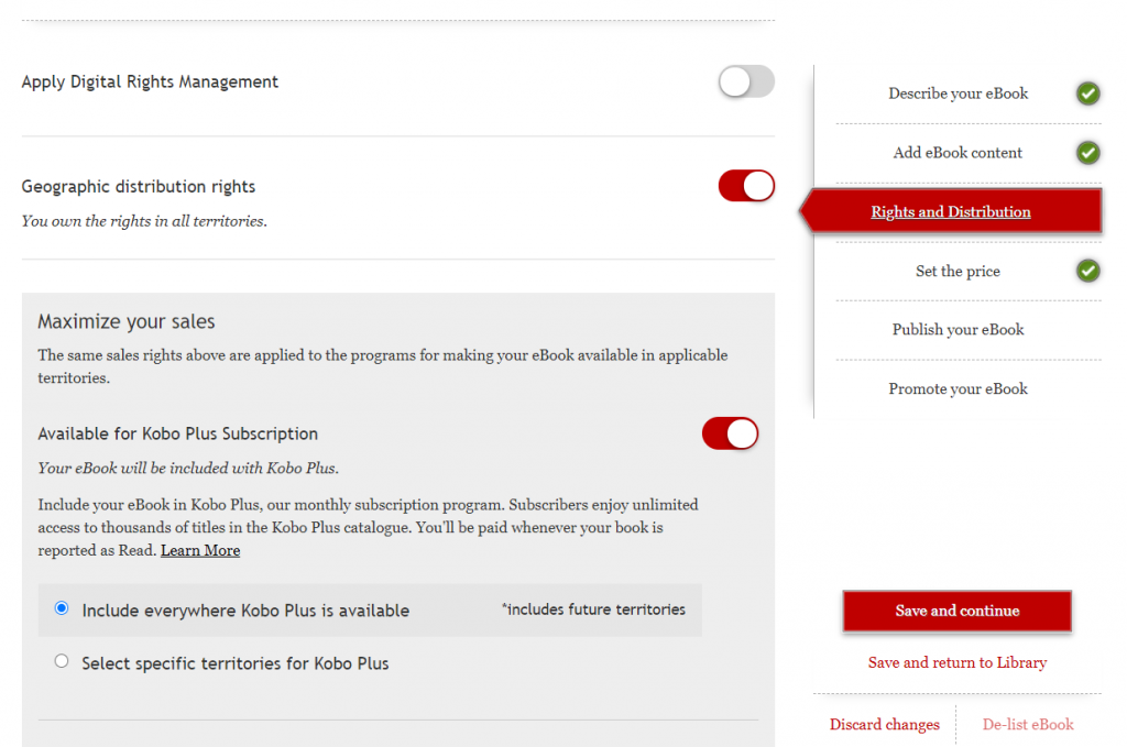 A screencap of the Rights and Distribution page from the KWL eBook creator, showing the Kobo Plus toggle switched on for all territories.